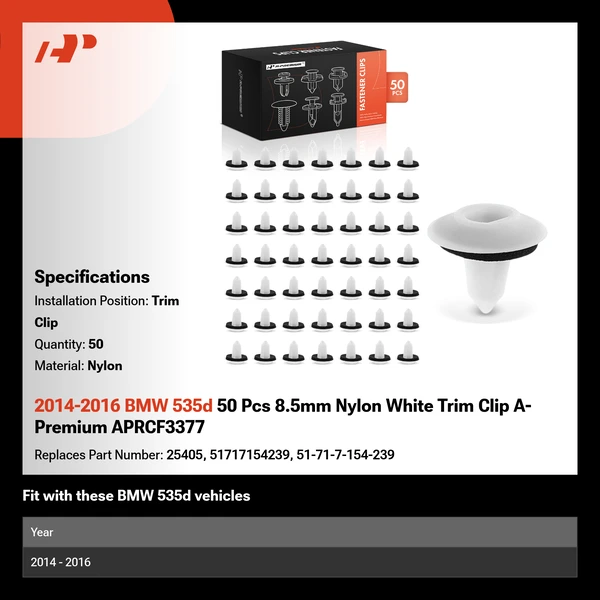 2014-2016 BMW 535d 50 Pcs 8.5mm Nylon White Trim Clip A-Premium APRCF3377