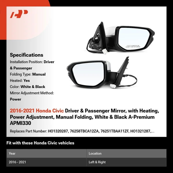 2016-2021 Honda Civic Driver & Passenger Mirror, with Heating, Power Adjustment, Manual Folding, White & Black A-Premium APMI330