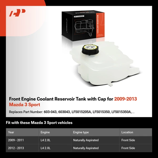 Front Engine Coolant Reservoir Tank with Cap for 2009-2013 Mazda 3 Sport