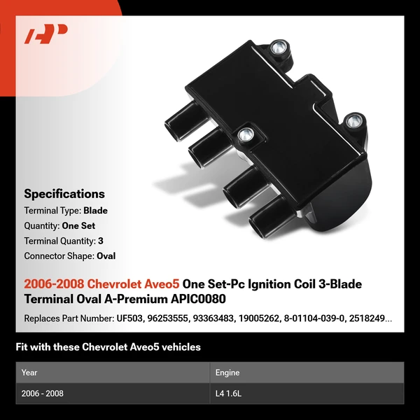 2006-2008 Chevrolet Aveo5 One Set-Pc Ignition Coil 3-Blade Terminal Oval A-Premium APIC0080
