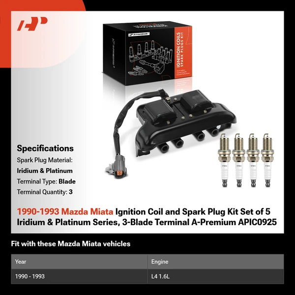 1990-1993 Mazda Miata Ignition Coil and Spark Plug Kit Set of 5 Iridium & Platinum Series, 3-Blade Terminal A-Premium APIC0925