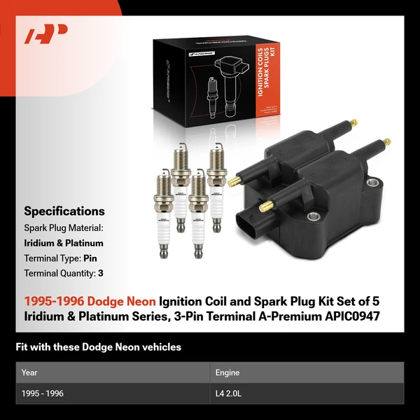 1995-1996 Dodge Neon Ignition Coil and Spark Plug Kit Set of 5 Iridium & Platinum Series, 3-Pin Terminal A-Premium APIC0947