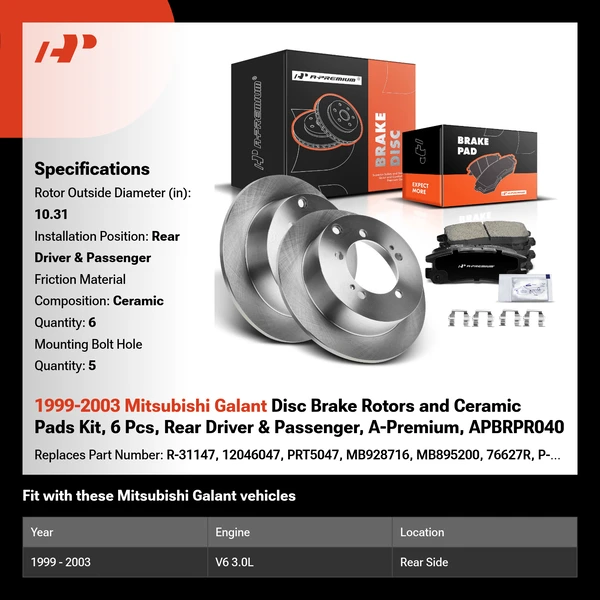 1999-2003 Mitsubishi Galant Disc Brake Rotors and Ceramic Pads Kit, 6 Pcs, Rear Driver & Passenger, A-Premium, APBRPR040
