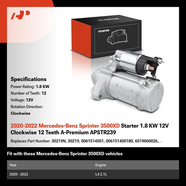 2020-2022 Mercedes-Benz Sprinter 3500XD Starter 1.8 KW 12V Clockwise 12 Teeth A-Premium APSTR239