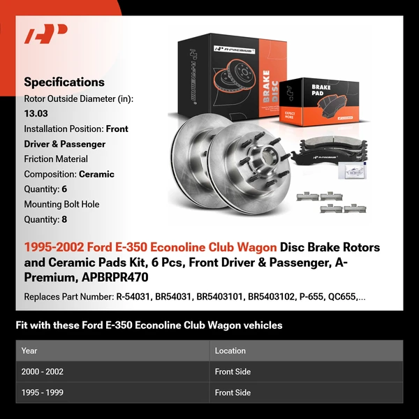 1995-2002 Ford E-350 Econoline Club Wagon Disc Brake Rotors and Ceramic Pads Kit, 6 Pcs, Front Driver & Passenger, A-Premium, APBRPR470
