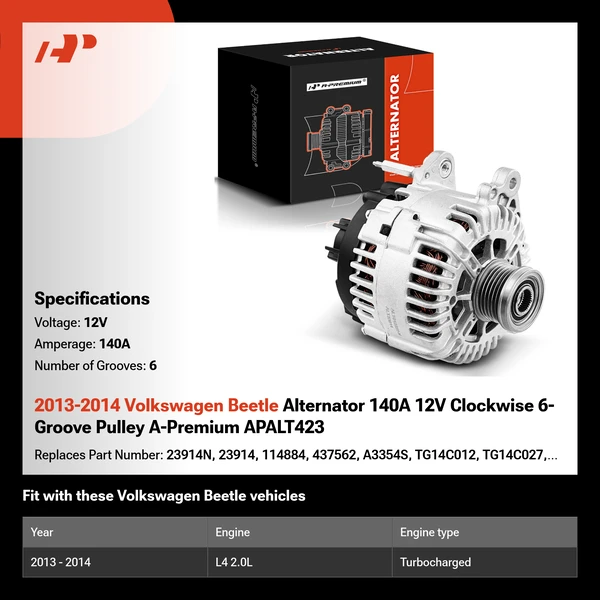 2013-2014 Volkswagen Beetle Alternator 140A 12V Clockwise 6-Groove Pulley A-Premium APALT423