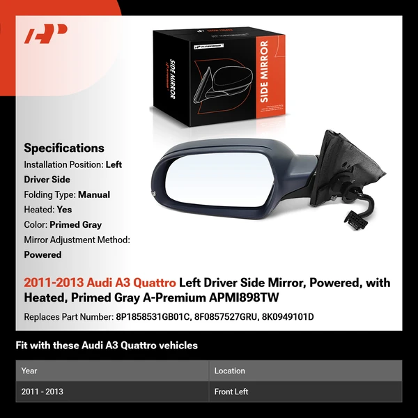 2011-2013 Audi A3 Quattro Left Driver Side Mirror, Powered, with Heated, Primed Gray A-Premium APMI898TW