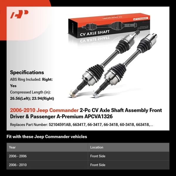 2006-2010 Jeep Commander 2-Pc CV Axle Shaft Assembly Front Driver & Passenger A-Premium APCVA1326
