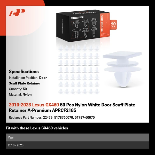 2010-2023 Lexus GX460 50 Pcs Nylon White Door Scuff Plate Retainer A-Premium APRCF2185