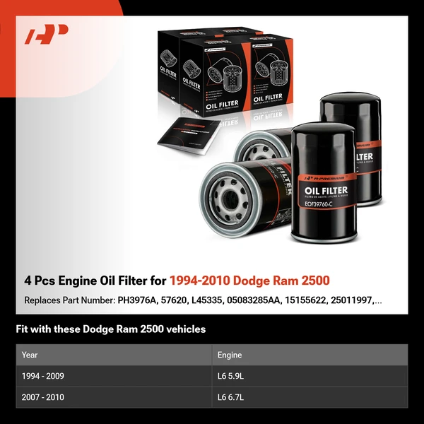 4 Pcs Engine Oil Filter for 1994-2010 Dodge Ram 2500