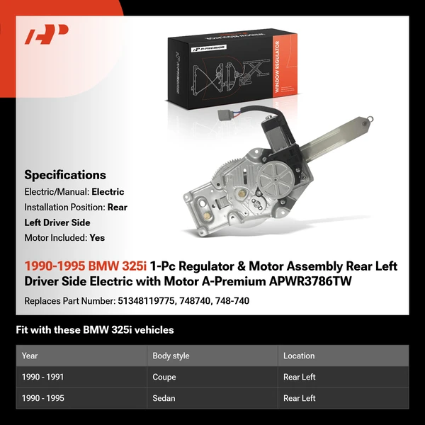 1990-1995 BMW 325i 1-Pc Regulator & Motor Assembly Rear Left Driver Side Electric with Motor A-Premium APWR3786TW