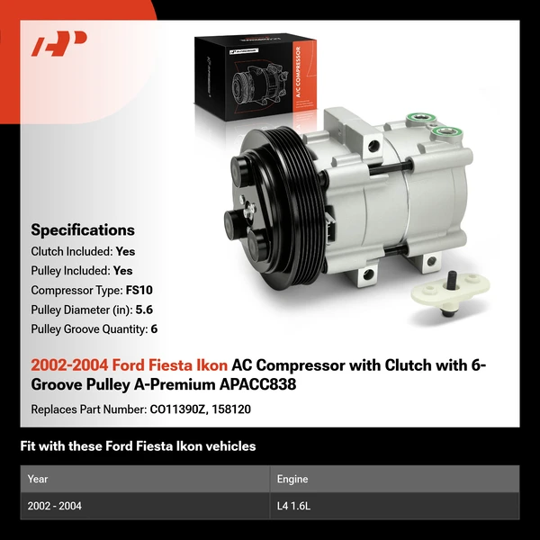 2002-2004 Ford Fiesta Ikon AC Compressor with Clutch with 6-Groove Pulley A-Premium APACC838