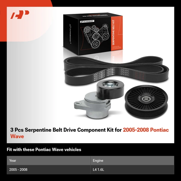 3 Pcs Serpentine Belt Drive Component Kit for 2005-2008 Pontiac Wave