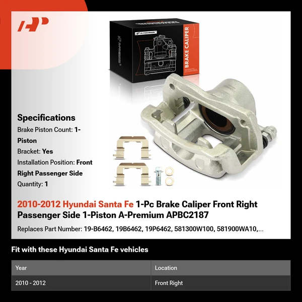 2010-2012 Hyundai Santa Fe 1-Pc Brake Caliper Front Right Passenger Side 1-Piston A-Premium APBC2187