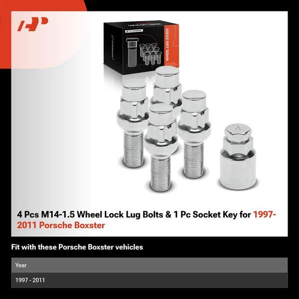 4 Pcs M14-1.5 Wheel Lock Lug Bolts & 1 Pc Socket Key for 1997-2011 Porsche Boxster