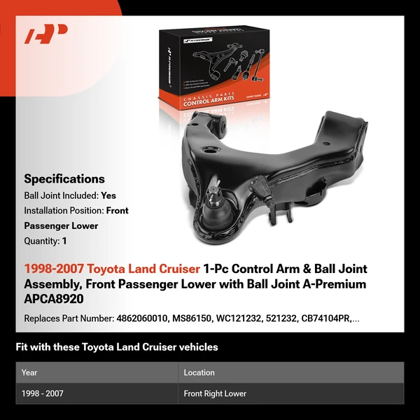 1998-2007 Toyota Land Cruiser 1-Pc Control Arm & Ball Joint Assembly, Front Passenger Lower with Ball Joint A-Premium APCA8920