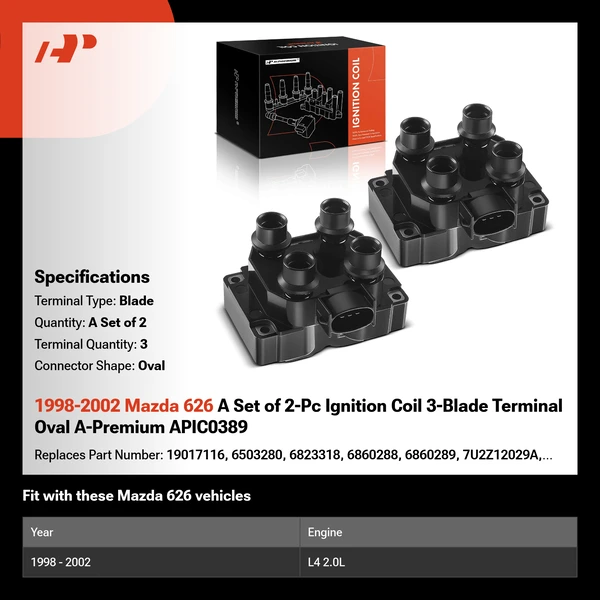 1998-2002 Mazda 626 A Set of 2-Pc Ignition Coil 3-Blade Terminal Oval A-Premium APIC0389