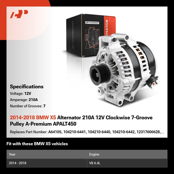 2014-2018 BMW X5 Alternator 210A 12V Clockwise 7-Groove Pulley A-Premium APALT450