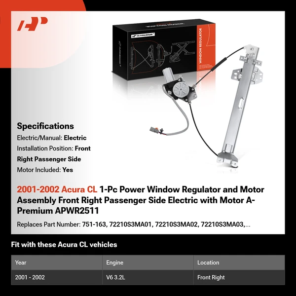 2001-2002 Acura CL 1-Pc Power Window Regulator and Motor Assembly Front Right Passenger Side Electric with Motor A-Premium APWR2511
