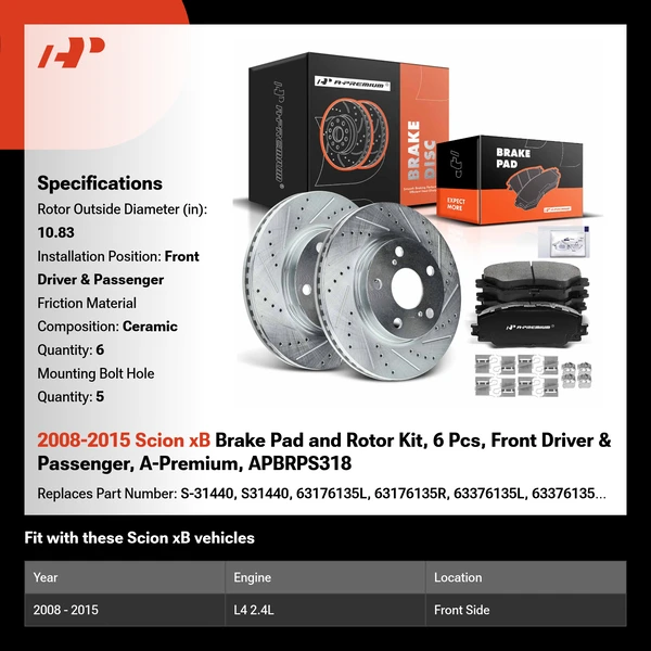 2008-2015 Scion xB Brake Pad and Rotor Kit, 6 Pcs, Front Driver & Passenger, A-Premium, APBRPS318