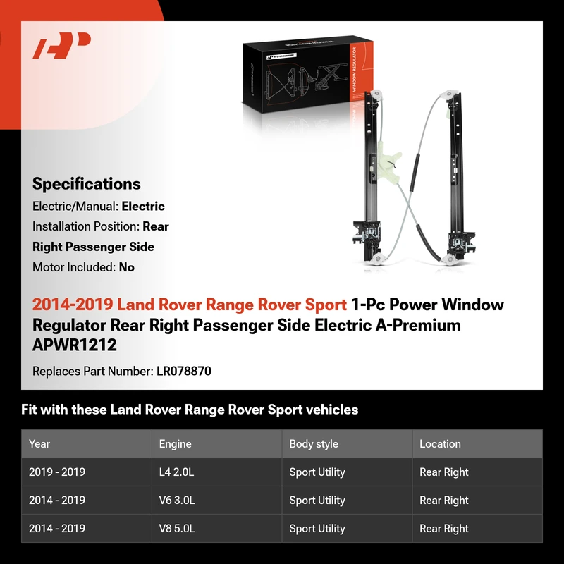 2014-2019 Land Rover Range Rover Sport 1-Pc Power Window Regulator Rear Right Passenger Side Electric A-Premium APWR1212
