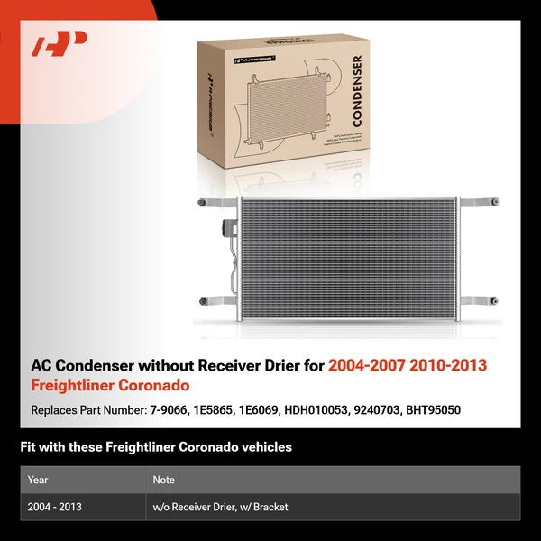 AC Condenser without Receiver Drier for 2004-2007 2010-2013 Freightliner Coronado