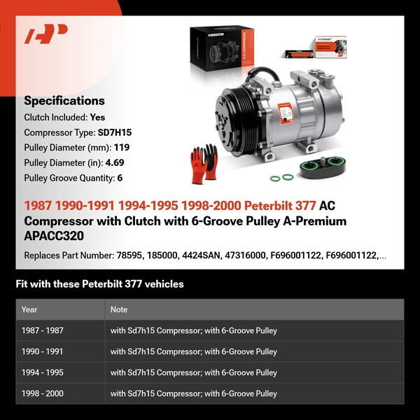 1987 1990-1991 1994-1995 1998-2000 Peterbilt 377 AC Compressor with Clutch with 6-Groove Pulley A-Premium APACC320