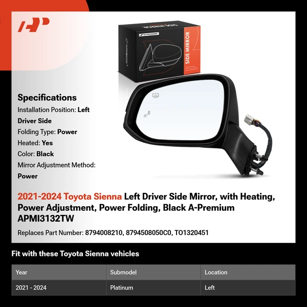 2021-2024 Toyota Sienna Left Driver Side Mirror, with Heating, Power Adjustment, Power Folding, Black A-Premium APMI3132TW