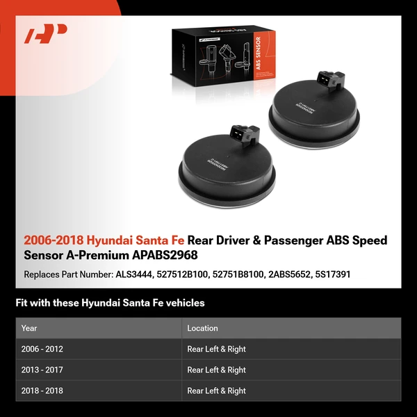 2006-2018 Hyundai Santa Fe Rear Driver & Passenger ABS Speed Sensor A-Premium APABS2968