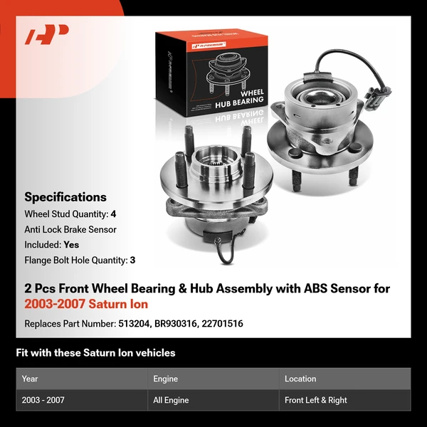 2 Pcs Front Wheel Bearing & Hub Assembly with ABS Sensor for 2003-2007 Saturn Ion