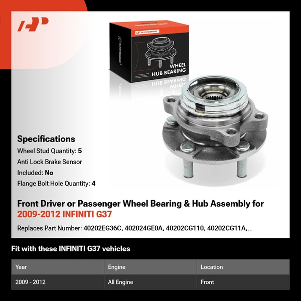 Front Driver or Passenger Wheel Bearing & Hub Assembly for 2009-2012 INFINITI G37