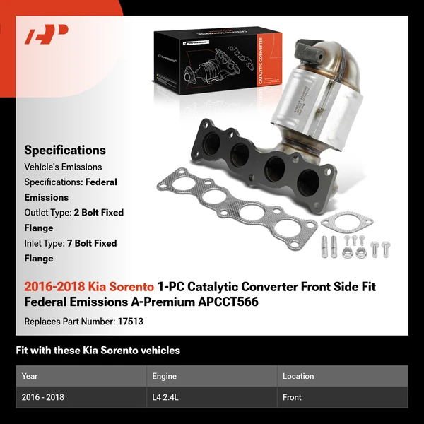 2016-2018 Kia Sorento 1-PC Catalytic Converter Front Side Fit Federal Emissions A-Premium APCCT566