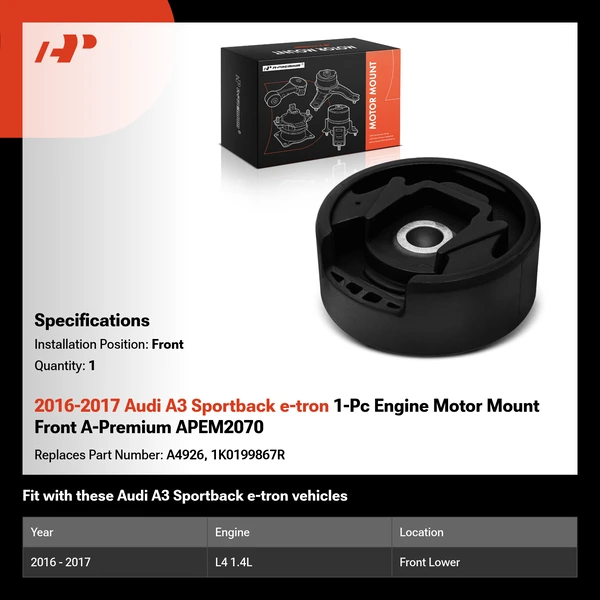 2016-2017 Audi A3 Sportback e-tron 1-Pc Engine Motor Mount Front A-Premium APEM2070