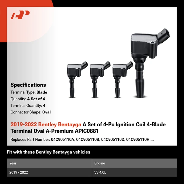 2019-2022 Bentley Bentayga A Set of 4-Pc Ignition Coil 4-Blade Terminal Oval A-Premium APIC0881