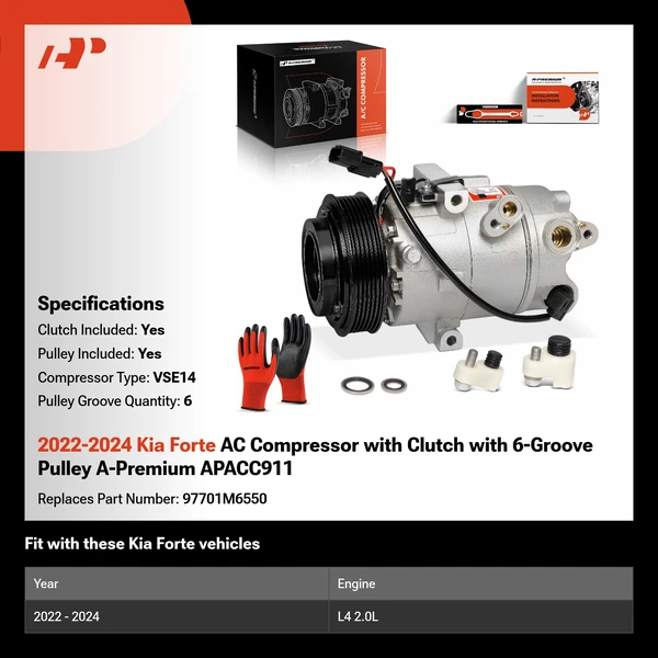 2022-2024 Kia Forte AC Compressor with Clutch with 6-Groove Pulley A-Premium APACC911