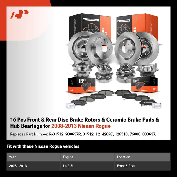 16 Pcs Front & Rear Disc Brake Rotors & Ceramic Brake Pads & Hub Bearings for 2008-2013 Nissan Rogue