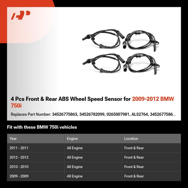 4 Pcs Front & Rear ABS Wheel Speed Sensor for 2009-2012 BMW 750i