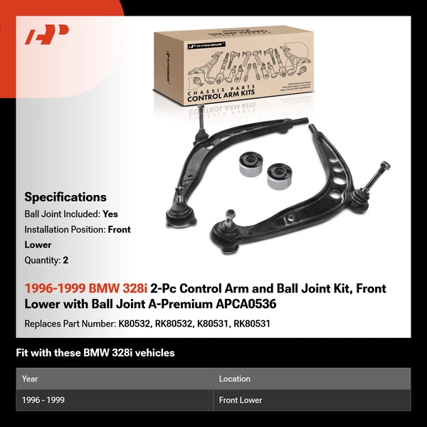 1996-1999 BMW 328i 2-Pc Control Arm and Ball Joint Kit, Front Lower with Ball Joint A-Premium APCA0536