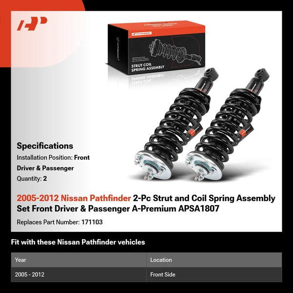 2005-2012 Nissan Pathfinder 2-Pc Strut and Coil Spring Assembly Set Front Driver & Passenger A-Premium APSA1807