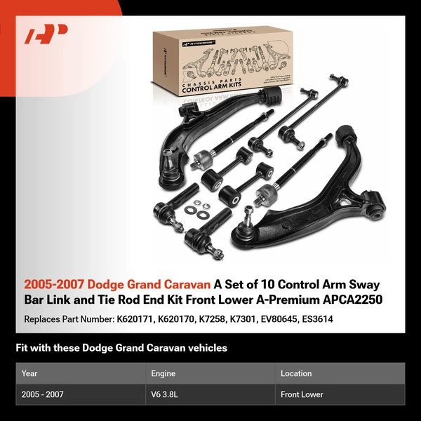 2005-2007 Dodge Grand Caravan A Set of 10 Control Arm Sway Bar Link and Tie Rod End Kit Front Lower A-Premium APCA2250