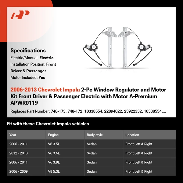 2006-2013 Chevrolet Impala 2-Pc Window Regulator and Motor Kit Front Driver & Passenger Electric with Motor A-Premium APWR0119
