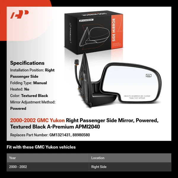 2000-2002 GMC Yukon Right Passenger Side Mirror, Powered, Textured Black A-Premium APMI2040