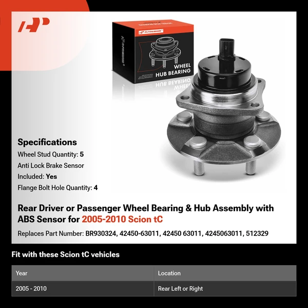 Rear Driver or Passenger Wheel Bearing & Hub Assembly with ABS Sensor for 2005-2010 Scion tC