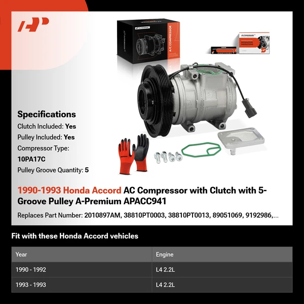 1990-1993 Honda Accord AC Compressor with Clutch with 5-Groove Pulley A-Premium APACC941