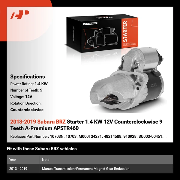 2013-2019 Subaru BRZ Starter 1.4 KW 12V Counterclockwise 9 Teeth A-Premium APSTR460