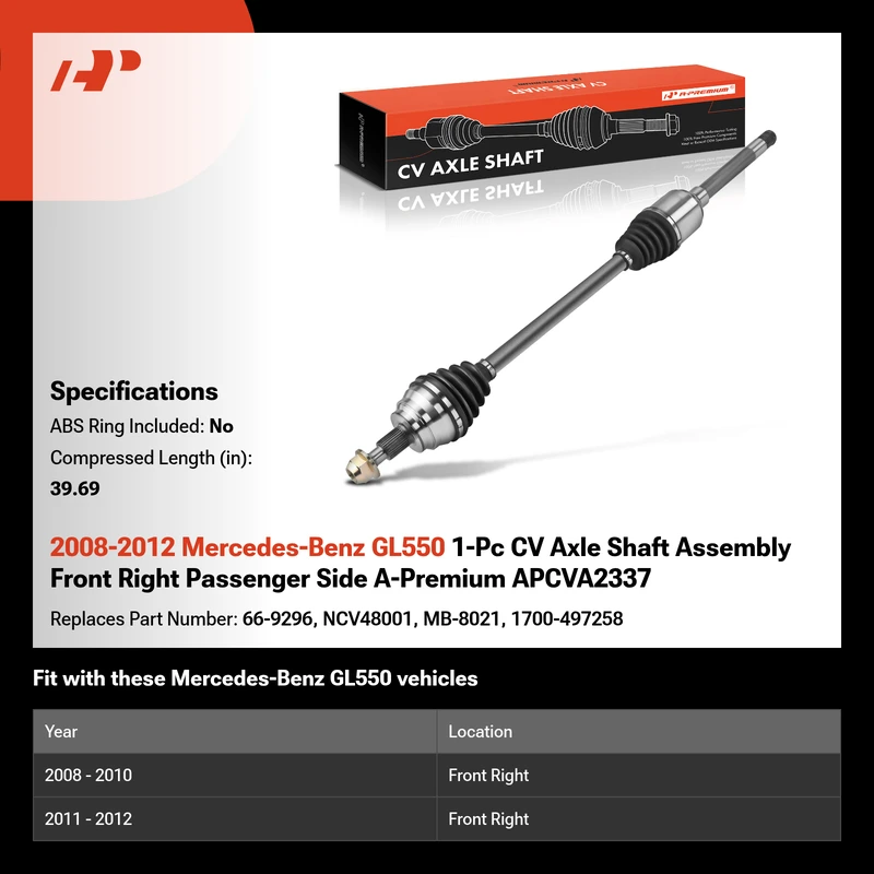 2008-2012 Mercedes-Benz GL550 1-Pc CV Axle Shaft Assembly Front Right Passenger Side A-Premium APCVA2337