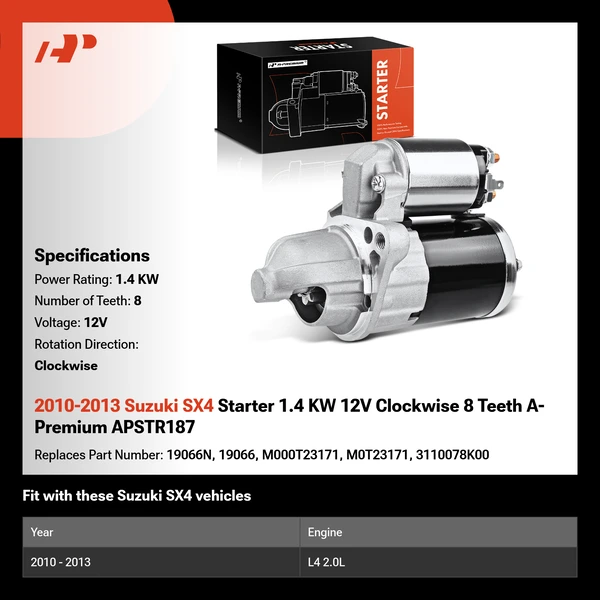 2010-2013 Suzuki SX4 Starter 1.4 KW 12V Clockwise 8 Teeth A-Premium APSTR187