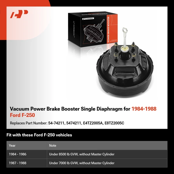 Vacuum Power Brake Booster Single Diaphragm for 1984-1988 Ford F-250