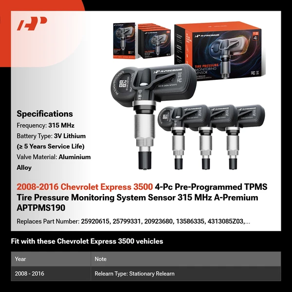 2008-2016 Chevrolet Express 3500 4-Pc Pre-Programmed TPMS Tire Pressure Monitoring System Sensor 315 MHz A-Premium APTPMS190