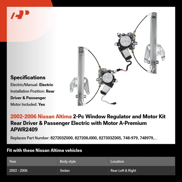 2002-2006 Nissan Altima 2-Pc Window Regulator and Motor Kit Rear Driver & Passenger Electric with Motor A-Premium APWR2409
